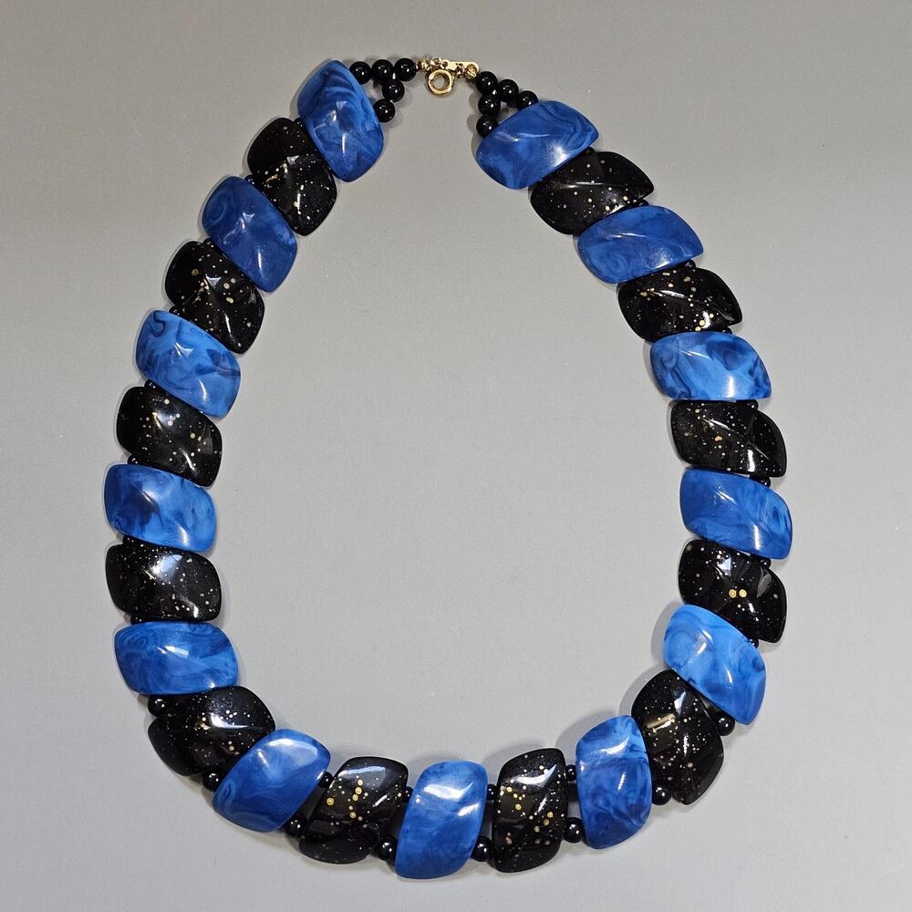 Avon COLOR IMPACT Statement Necklace Gold Flecked Cobalt Blue & Black 1987 Vtg